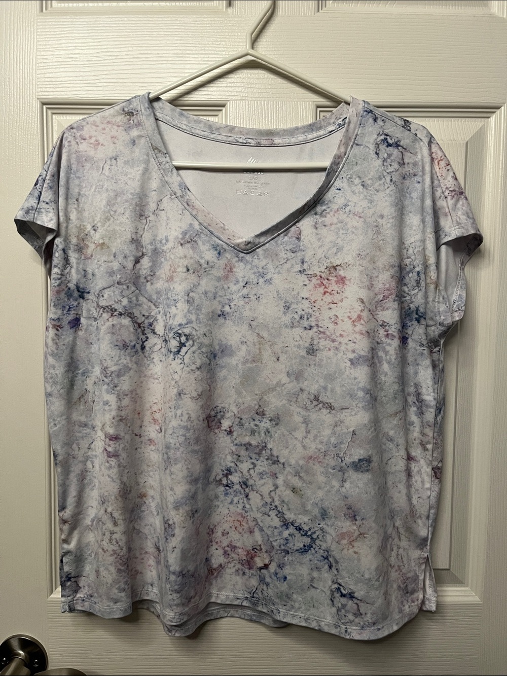 RBX Women's Marble-Print V-Neck Tee in White with Blue and Pink Accents Pretty
